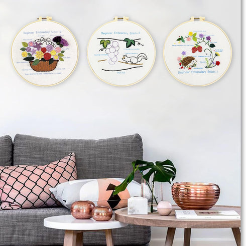 MAMUNU Embroidery Stitch Practice Kits, 3 Sets Animal Flower Stamped Pre Printed Cross Stitch Kits, Full Range of Embroidery Starter Kit with Hoop...