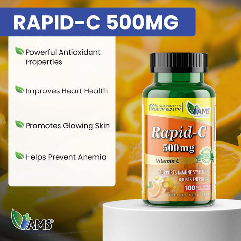 America Medic & Science Rapid-C 500mg Vitamin C Supplement (3 Pack of 100 Tablets) Energy Booster, Daily Immune System Support, Antioxidant | Vega...