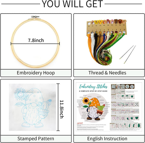 Nuberlic Sunflower Embroidery Kit for Beginners, Full Set of Stamped Gnome Cross Stitch Kit for Adults Including Embroidery Threads, Hoops and Ins...