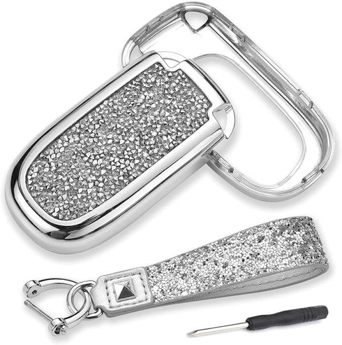 Royalfox 3d bling shiny rhinstone crystals key fob case cover compatible with Jeep Dodge chrysler (silver)...