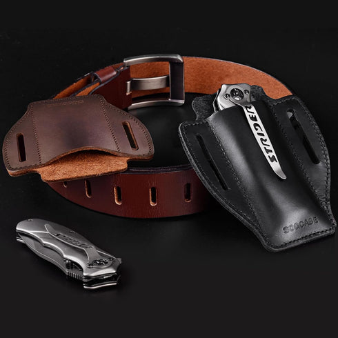 Knife Sheath for Belt, SOGCASE Compact EDC Leather Sheath, Folding Knife Holder, Pocket Knife Holster Compatibility with Praxis Flipper, 110/112 R...