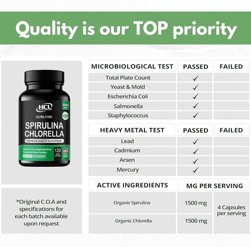Chlorella Spirulina Powder Capsules Organic 3000 mg of BMAA Free Purest Blue Green Algae - Best Natural Detox Raw Vegan Vitamins Protein Green Sup...