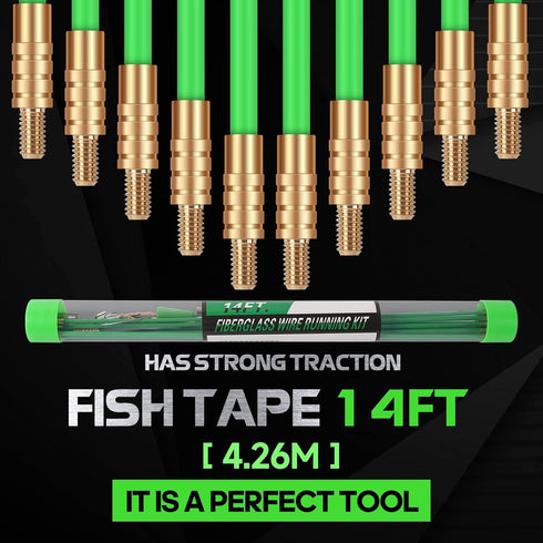 14FT Fiberglass Running Electrical Wire Cable Glow Rods Wire Pulling, Fish Rods Electrical Kit with 8 Different Attachments and Fish Tape Wire Pul...