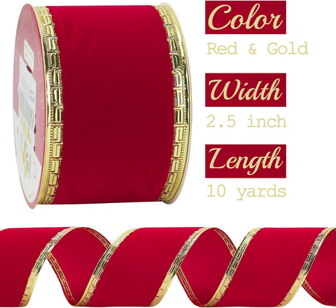 MEEDEE Red Velvet Ribbon 2.5 Inch Red Velvet Christmas Ribbon 10 Yards Red Velvet Wired Ribbon with Gold Greek Key Edge Ribbon Red Ribbon for Chri...