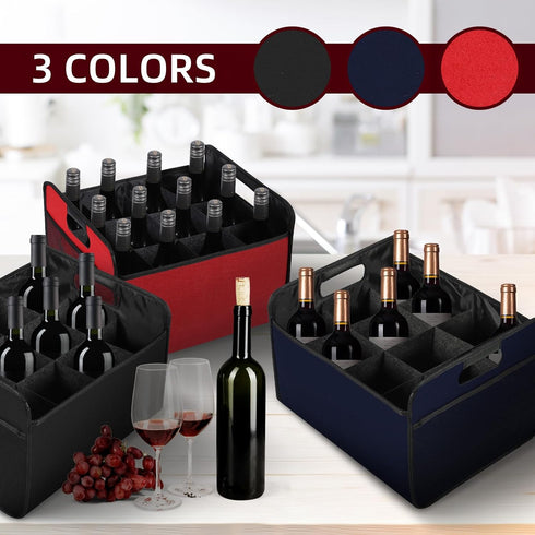 12 Bottle Wine Carrier, Collapsible Wine Bottle Storage Box Premium Felt Liquor Bottle Tote with Handles for Travel/Party/Picnic/Vacation, Black...