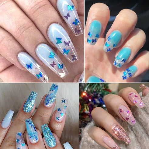 12 Colors Butterfly Nail Art Stickers Butterflies Nail Glitter Sequins 3D Art Accessories Butterfly Shape Flakes Powder Holographic Gold Red Pink ...