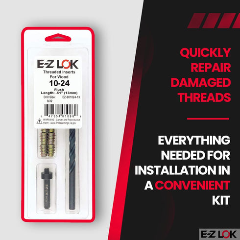 E-Z Hex Thread Repair Kit for Soft Wood Flush Threaded Inserts 10-24 x 13mm, Drill, Installation Tool...