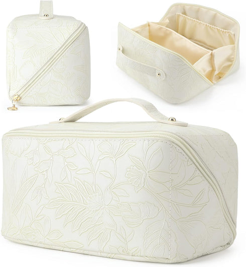 Large Capacity Travel Cosmetic,Makeup Bag Portable PU Leather Waterproof Flat Open Storage Bag with Handle Skincare Toiletry Bag for Women Graduat...