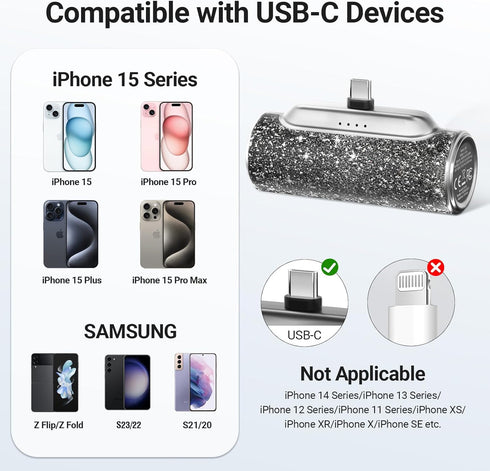 Mini Portable Charger USB C Small Power Bank 4500mAh, Bling Cute Battery Pack for iPhone 15/15 Plus/15 Pro/15 Pro Max, Samsung Galaxy S24/S23/S22,...