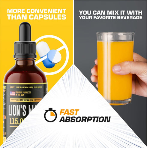 Lions Mane Supplement - Daily Mushroom Supplement for Memory, Focus & Clarity - Brain Booster - Lions Mane Tincture for Natural Immune Support - V...