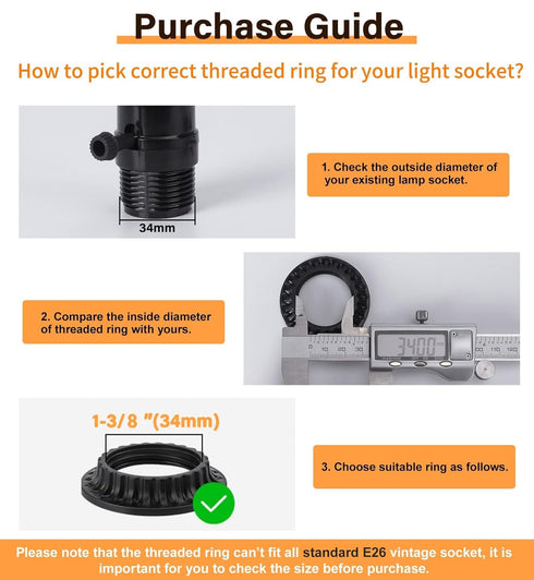 DiCUNO Lamp Shade Rings, E26 Light Socket Collar Ring, Black Threaded Reducer 1-3/8 Inches (34mm) and 1-1/2 Inch (39mm), Hanging Lamp Holder Parts...