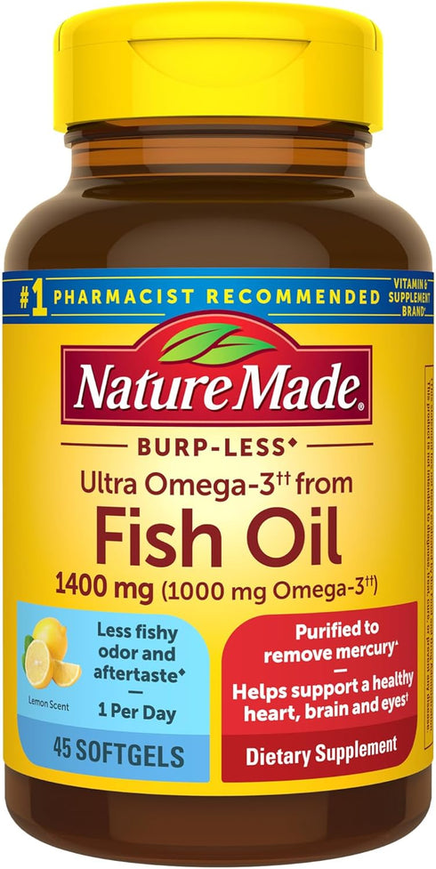 Nature Made Burp Less Ultra Omega 3 Fish Oil 1400 mg, Fish Oil Supplements, Omega 3 Supplement for Healthy Heart, Brain and Eyes Support, One Per ...