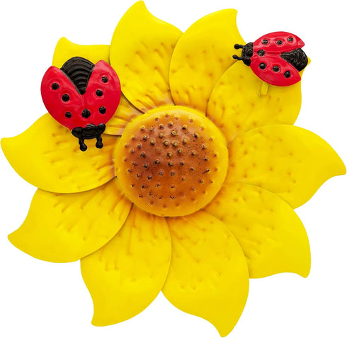 12 Inches Metal Flower Wall Art Garden Decor Cute Ladybug Flowers Decorations Hanging for Outside Yard Porch Lawn (Yellow)...