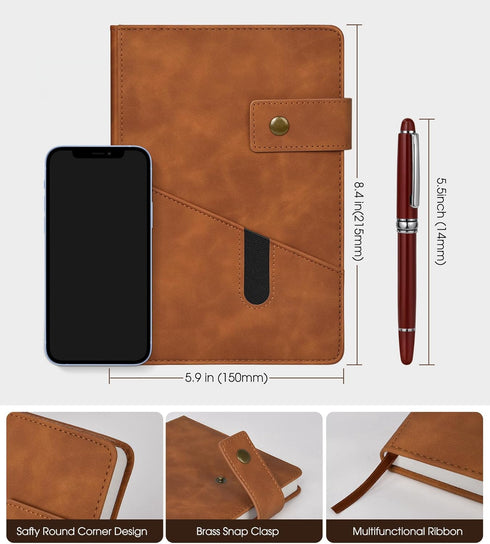 Brown A5 Lined Leather Journal Notebook for Men Women,5.9 X 8.4" Personalized Hardcover Journal with Pen,200 Pages 100 Gsm Thick Ruled Paper Daily...