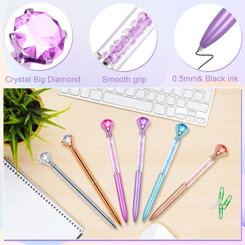 6 Pcs Diamond Pens with Crystal,Pens with Diamonds on Top, Diamond Pens Bulk including Black Ink Pen Refill, Diamond Top Pens for Office School Ho...