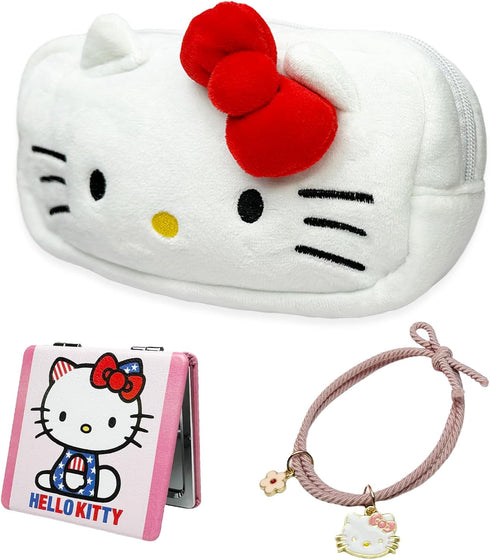 Kitty Travel Cosmetic Bag with Mirror and Hair Tie, Large Capacity Cartoon Cosmetic Pouch Makeup Bag with Zipper, Plush Travel Toiletry Bag Makeup...