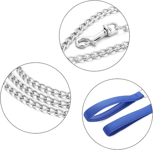 Chain Leash Metal Dog Leash Chrome Plated with Soft Padded Handle for Medium Dogs.(M, Blue Handle)...