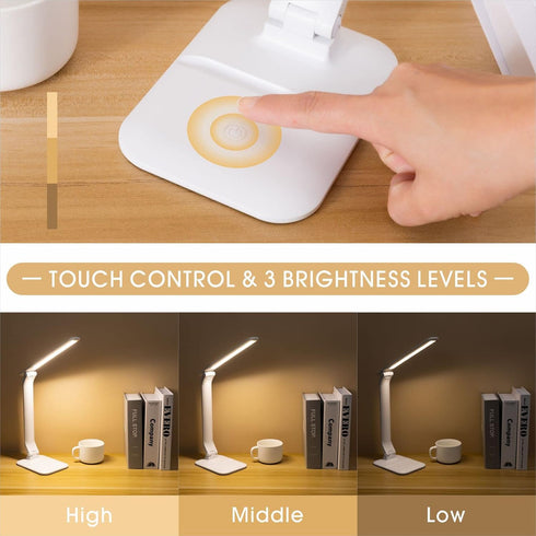 Home Office Touch Control Eye Protection Small Desk Lamp, With Mobile Phone Holder, With USB Charging Cable (Adapter Not Included), 3 Color Temper...