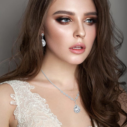 FIBO STEEL Clip on Rhinestone Jewelry Set for Bridal Bridesmaid Wedding Teardrop Pendant Earrings Necklace Bracelets Set for Women Party Prom Cost...