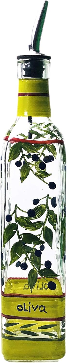 Hand Painted Glass Oliva Branch Oil/Vinegar Glass Cruet for Kitchen, 8 oz Olive Oil Dispenser With Stainless Steel Spout for Easy Pouring...