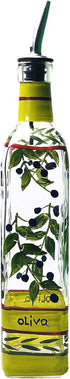Hand Painted Glass Oliva Branch Oil/Vinegar Glass Cruet for Kitchen, 8 oz Olive Oil Dispenser With Stainless Steel Spout for Easy Pouring...