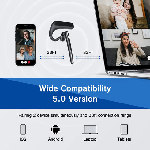 Bluetooth Headset - Wireless Headset with Microphone 90 Days Standby/110 Hours Talktime, Bluetooth Earpiece for Cell Phone/PC Tablet/Laptop Comput...