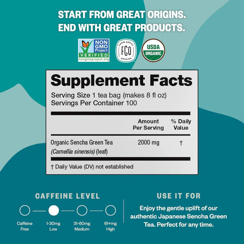 FGO Organic Sencha Green Tea, 100 Count, Eco-Conscious Tea Bags, Resealable Bag, Sourced From Japan, Packaging May Vary (Pack of 1)...