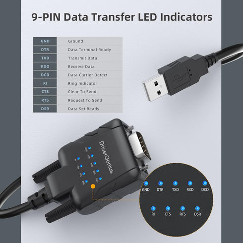 DriverGenius USB to Serial RS232 DB9 Adapter Cable with 9 x LED Indicators - Prolific PL2303 - for Windows 11, macOS 14 Sonoma, Linux (USB232A-E-A...