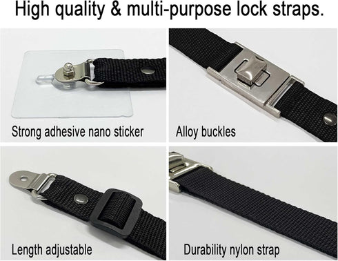 3 Pack Child Safety Strap Locks, Baby Proofing Multi Use Latches, Adhesive No Drill, Heavy Duty Adjustable Length Strap with Rotating Release Buck...