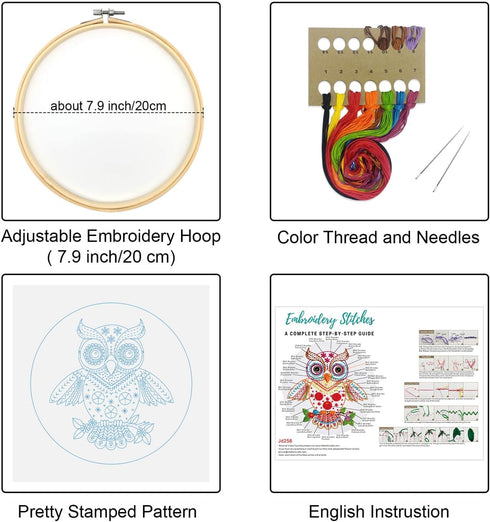 Louise Maelys Beginners Adults Embroidery Kit,Owl stamped pattern Practice kit,Starters cross stitch kit including embroidery hoop,cloth,needles, ...
