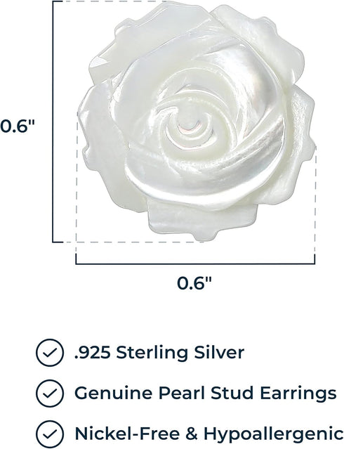 MORGAN & PAIGE Carved Mother of Pearl Rose Earrings, Handcrafted Rose Stud Earrings, Rhodium Plated Sterling Silver Mother of Pearl Earrings, Jewe...