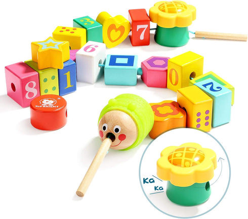 TOP BRIGHT Wooden Lacing Beads for Toddlers, Kids Fine Motor Skills Montessori Toys for 2 Year Old Girls Boys, Threading Toys for Two Year Old Gir...