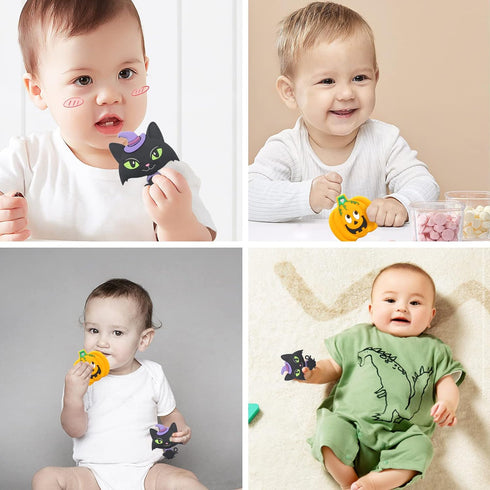 Teething Toys for Babies, PAPACHOO 2 Pack Halloween Soft Silicone Baby Soothing Teether Chew Toys (Orange & Kitten)...