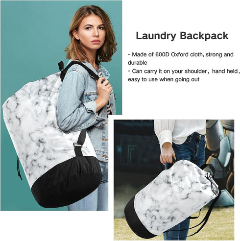 White Marble Laundry Bag Large Heavy Duty Laundry Backpack for College Students Laundry bag with Shoulder Straps Washable for Camp Traveling Water...