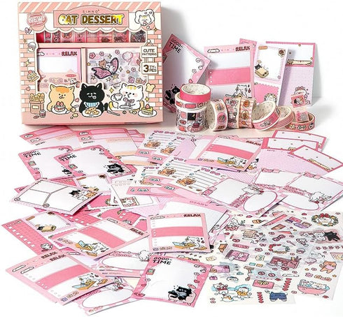 PRSTINCOL Cute Cat Scrapbooking Kit,Scrapbook Supplies Kit with Cat Dessert Theme for Junk Journal, Bullet A6 Grid Notebook DIY Scrapbook Birthday...
