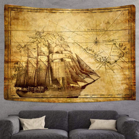 F-FUN SOUL Pirate Treasure Map Sailing Ship Drawing Tapestry, Large 80x60inches Soft Flannel, Old Ancient Pattern Wall Hanging Tapestries for Livi...