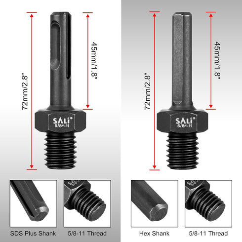 SALI 2PCS Core Drill Bit Adapter 5/8"-11 Thread Male to 3/8" SDS Plus Shank and 3/8" Triangle Shank 5/8" -11 Male Drill Bit Adapter for Threaded D...