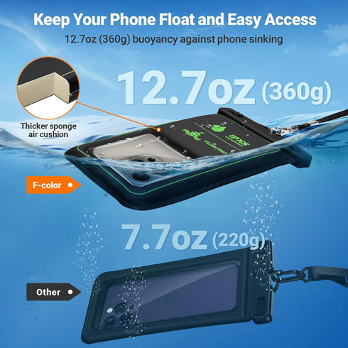 F-color Waterproof Phone Pouch - Floating with Sponge Air Cushion - IPX8 Waterproof Phone Case for iPhone 15 Pro Samsung S23 Up to 7", 12.7oz Buoy...