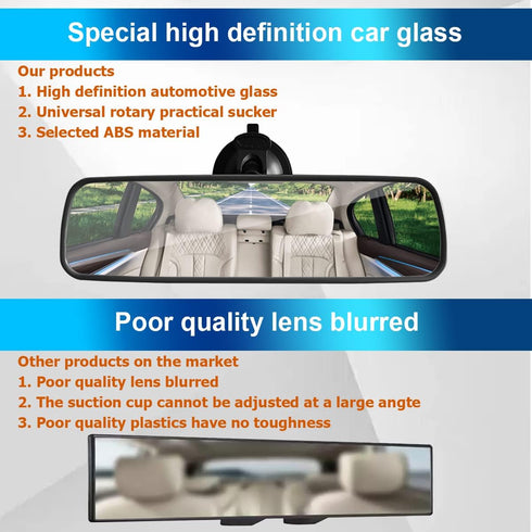 9.8'' Car Rear View Mirror with Suction Cup, Anti Glare Adjustable Auto Interior Rearview Mirror, HD Thickened Vehicle Inside Mirror Reduce Blind ...