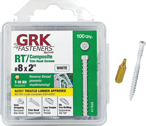 GRK White, 8, 772691176288 Fasteners 17628 RT Composite #8 x 2 Screws 100CT, 100 Count...
