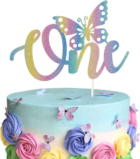 Butterfly One 1st Cake Topper, Butterfly First Birthday Cake Decor, Cute Baby Shower Party Decorations, Happy Birthday Theme Rainbow Glitter Suppl...