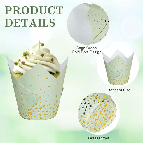 Whaline 200Pcs Sage Green Gold Dots Tulip Cupcake Liners Greaseproof Muffin Baking Liners Foil Gold Dots Cupcake Wrappers Baking Cup for Bridal Ba...