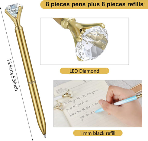 16 Pcs LED Diamond Pen Light Up Diamond Ballpoint Pen Bling Rhinestone Metal Pen Diamond Pen Rose Gold Black Ink for Office Supplies Decorations W...