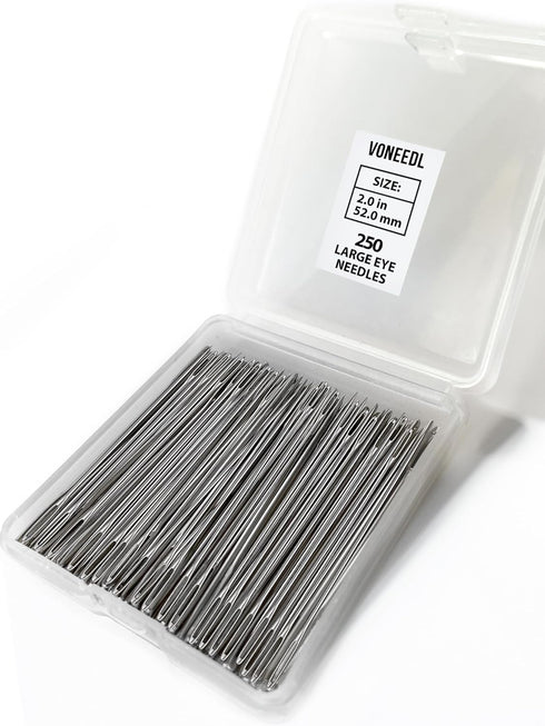 VONEEDL 250 Large Eye Sharp Needles - Easy to Thread Needles in Convenient Storage Box - Bulk Set of 2 inch Big Eye Embroidery Needles, Perfect fo...