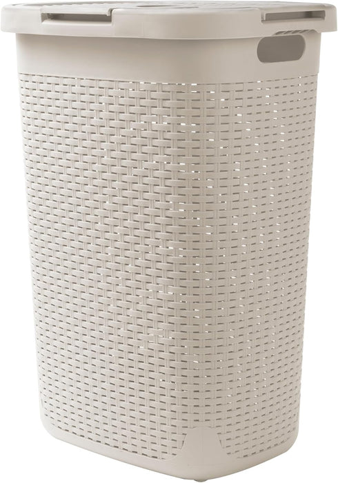 Mind Reader Slim Laundry Hamper with Lid, 60L Clothes Basket, Wicker Design, Plastic, 17.65"L x 13.75"W x 24.15"H, Ivory...