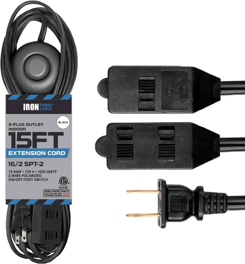 Iron Forge Cable 3 Outlet Foot Switch Extension Cord 15 ft, 13 Amp Black Extension Cord with Foot Tap Switch, 16/2 Indoor Lamp Cord Great for Smal...