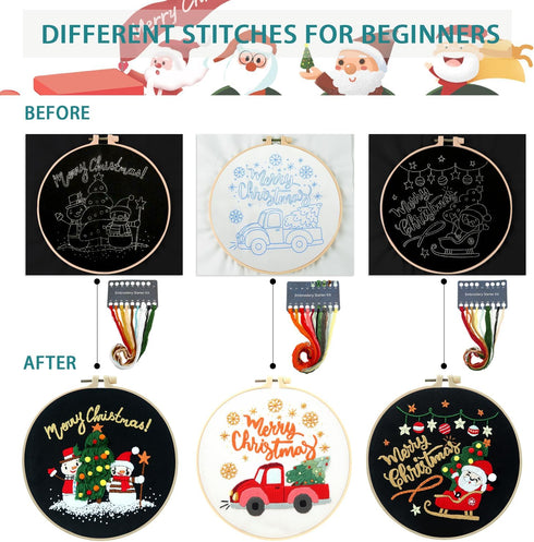 3 Sets Christmas Embroidery Starter Kit with Pattern for Beginners, Embroidery Kits with Christmas Pattern, Cross Stitch Set with Plastic Embroide...