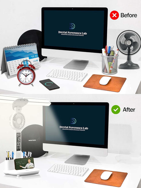 LED Desk Lamp for Office Home, Desk Lamps with Fan, Bright four-Headed table lamp, Adjustable Foldable Table Lamp with Clock Date Fan Pen Down,Tem...