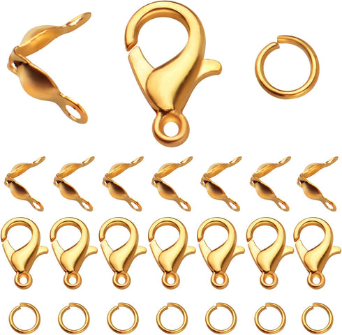 500pcs Jewelry Making Accessories Kit, 200pcs Knot Covers Clamshell Fold-Over Bead Tips 100pcs Lobster Claw Clasps and 200pcs Open Jump Rings Conn...
