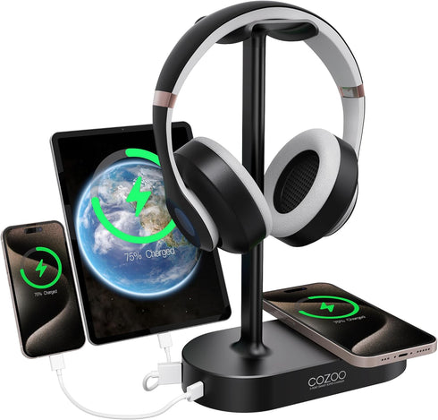 COZOO Headphone Stand with Fast Wireless Charging Pad and 2 USB Charging Ports, Suitable for Gaming, DJ, Wireless Earphone Accessories...